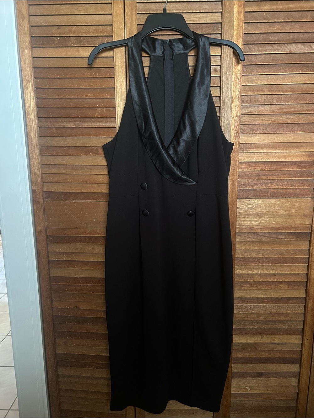 Black Sleeveless Satin-Trim Midi Tuxedo Dress Sz 12